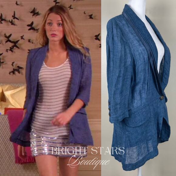 Rare Blue Linen Blazer Jacket ASO Serena Van Der Woodsen Gossip Girl Y2K - Picture 4 of 10